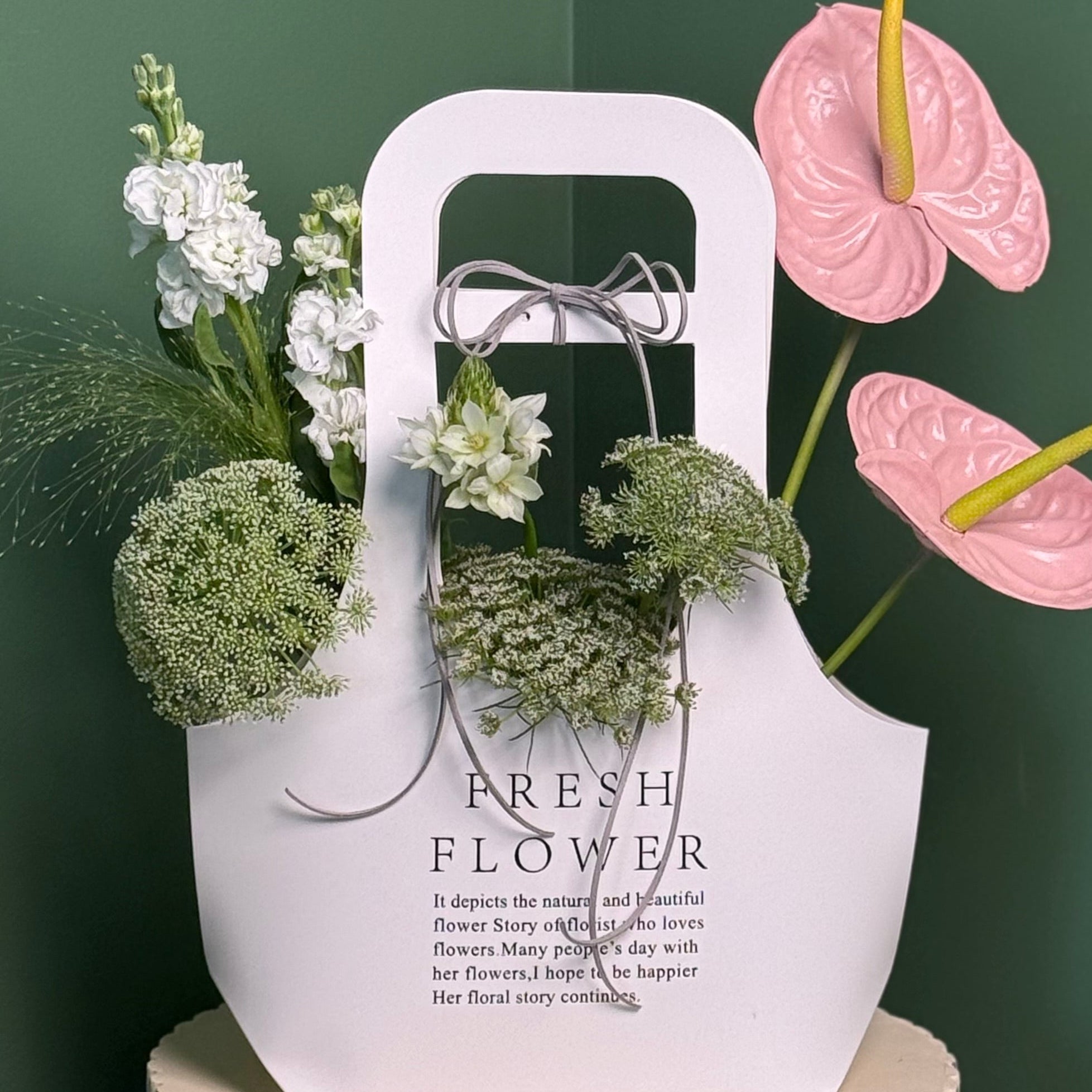 Pink Anthurium & White Garden Bag