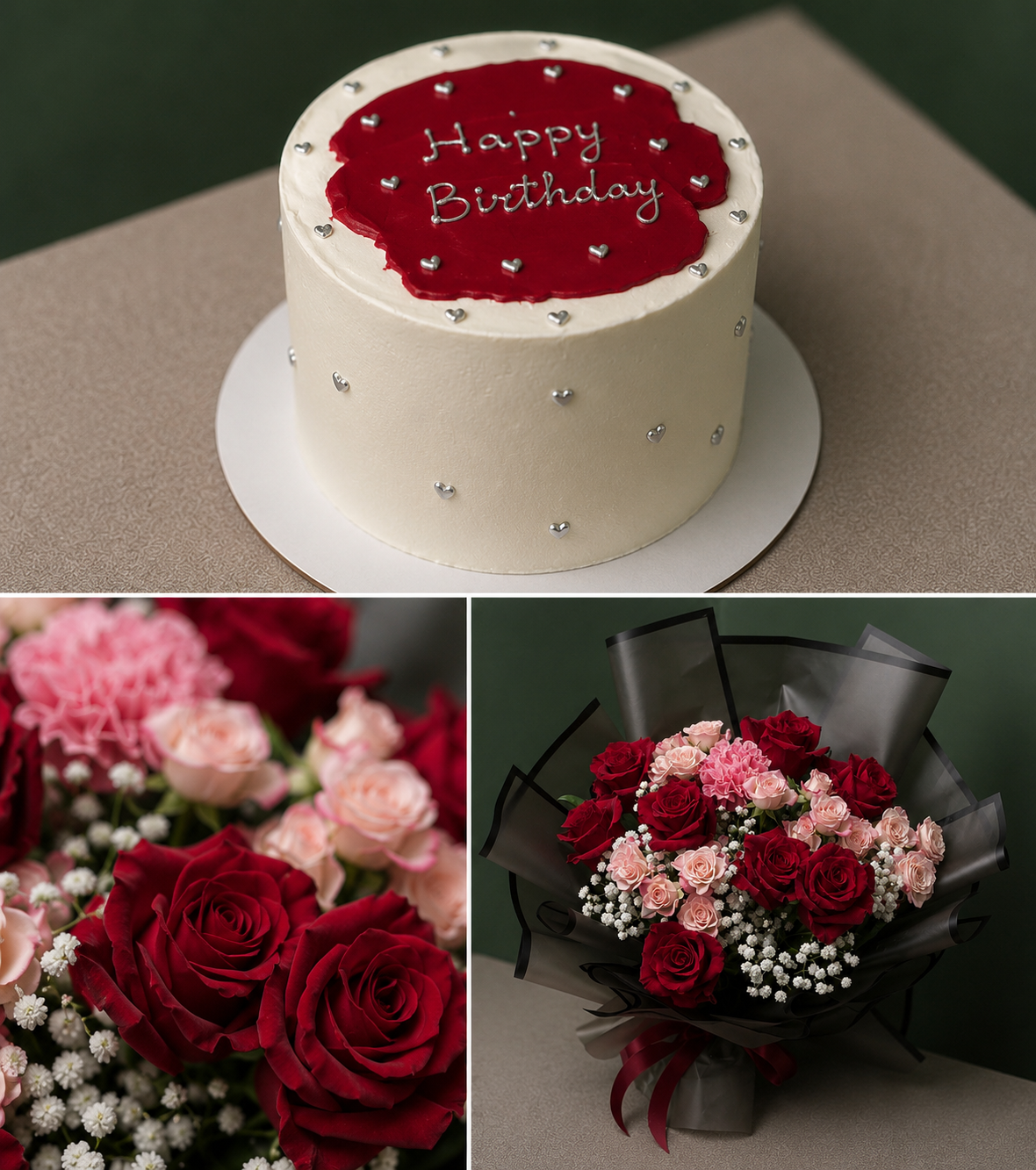 Crimson Romance Cake And Flower Birthday Combo