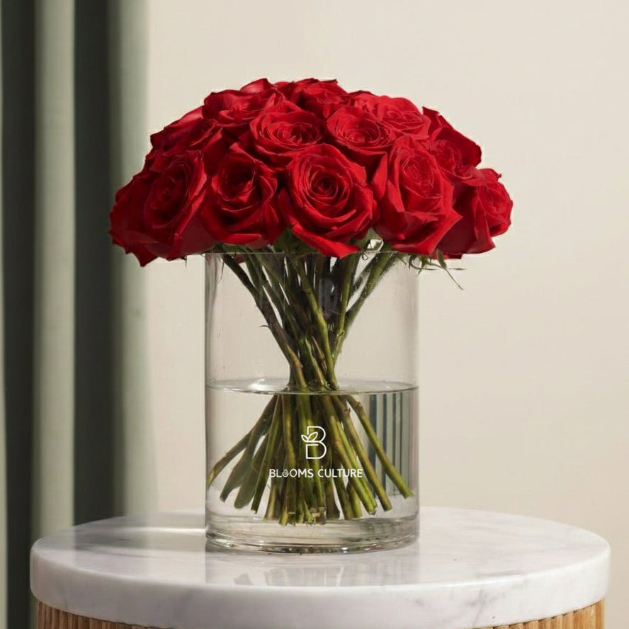 Blooms Culture Classic Red Roses in Glass Vase