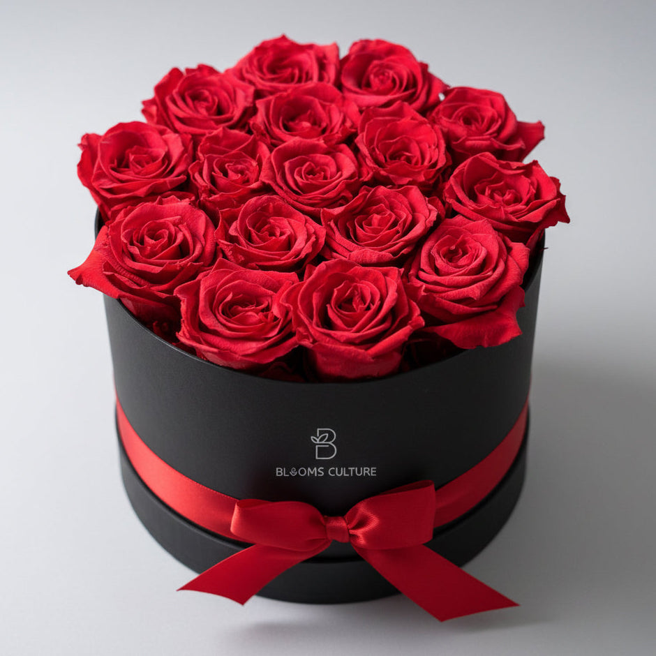 Red Explorer Roses in Black Round Box