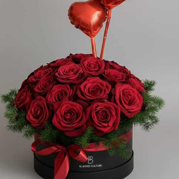 Valentine Passion 30 Roses Box with Heart Balloons