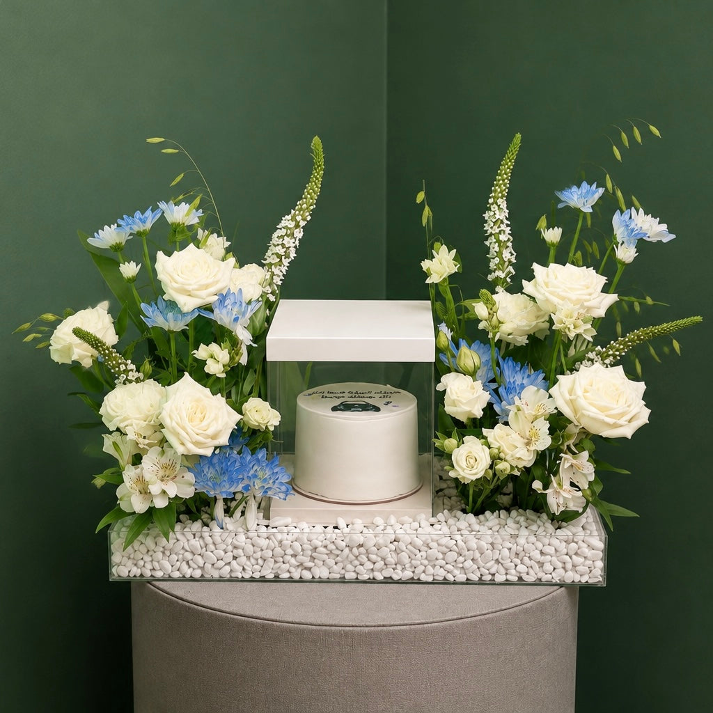 Cake With Blooming Celebration Floral Tray