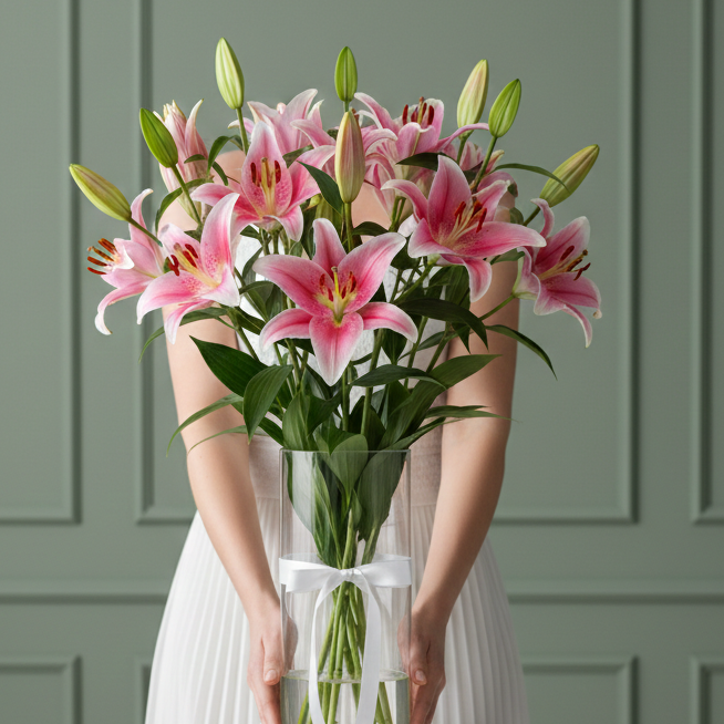 Elegant Pink Lily Bouquet in Glass Vase