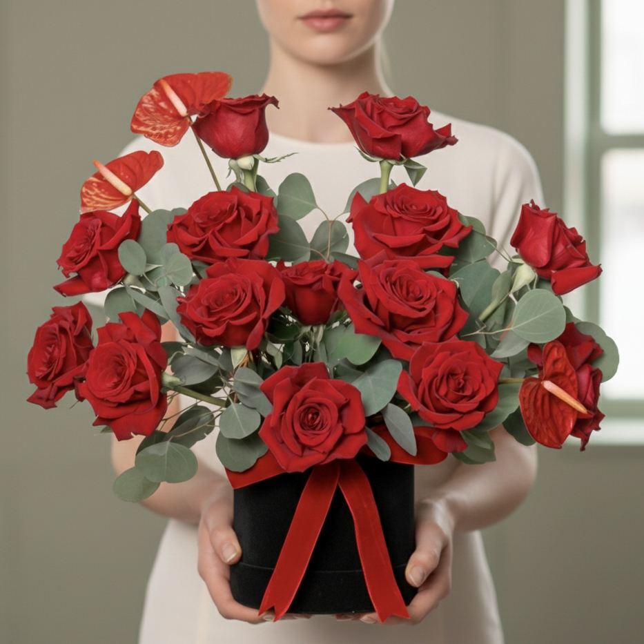 Velvet Passion Red Roses & Anthurium Box